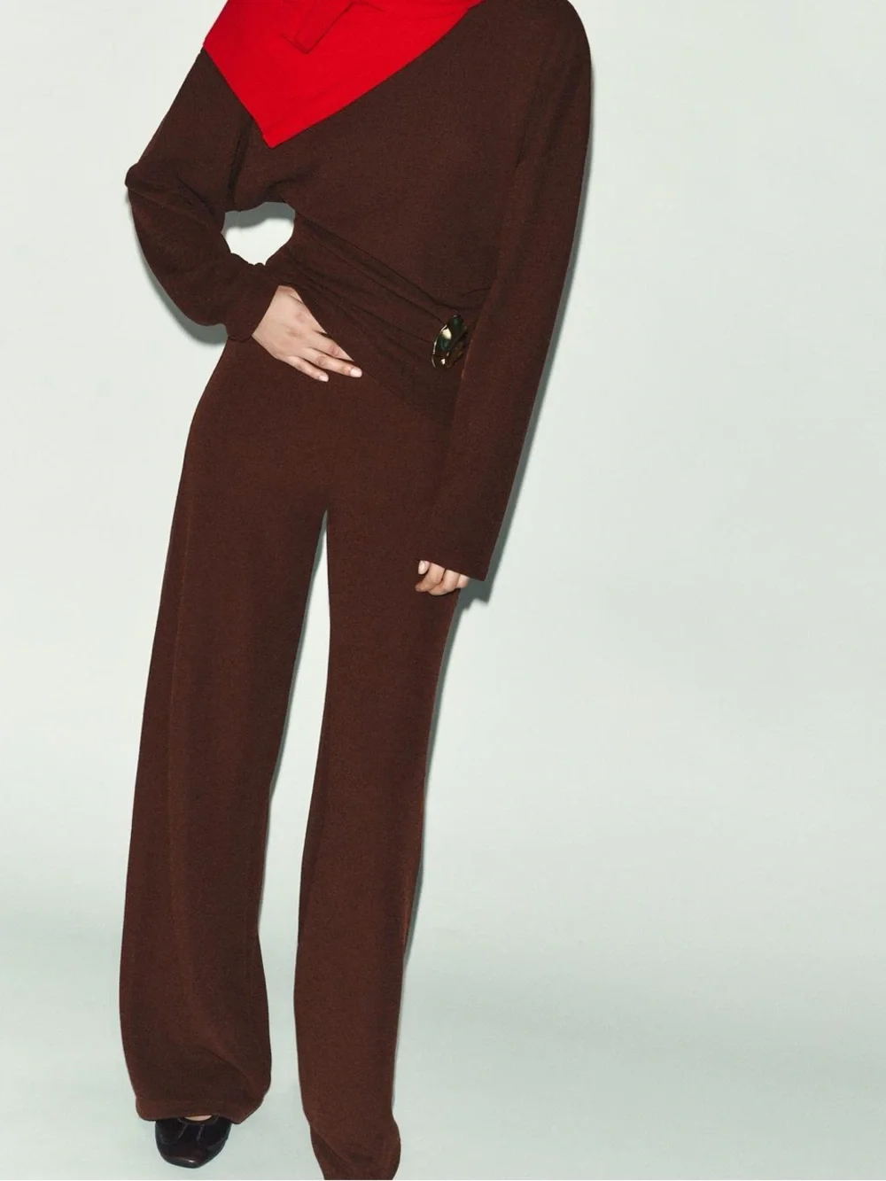 Zara NWT 2 piece SET Brown Wide-Leg Knit Pants  & gold detail long sleeve top